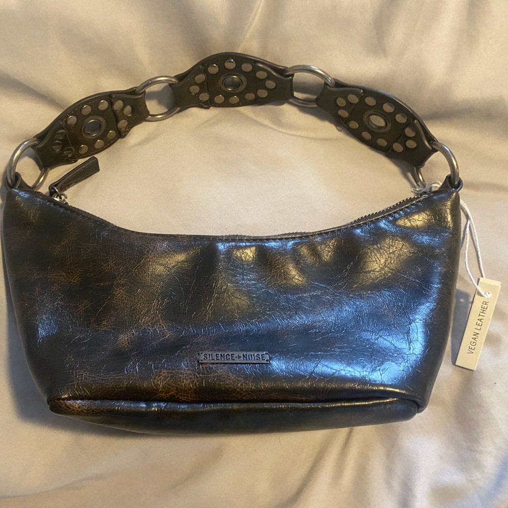 silence + noise Metallic Black Crescent Shoulder Bag with Decorative Chain